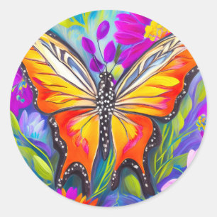 Butterfly in a field of flowers classic round sticker