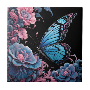 butterfly in a floral garden at night tile