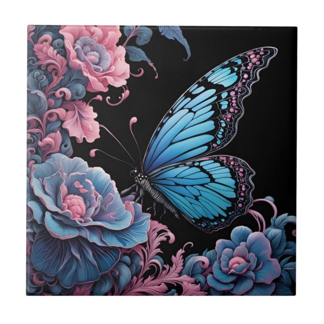 butterfly in a floral garden at night tile (Front)
