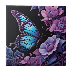 Butterfly in a floral garden at night tile
