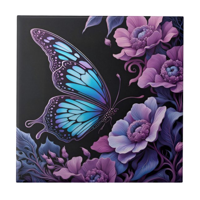 Butterfly in a floral garden at night tile (Front)