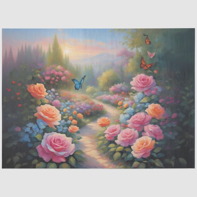 Butterfly in a Rose Garden Decoupage Tissue Paper (Front)