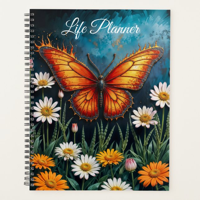 Butterfly in flames fantasy white chamomile art planner (Front)