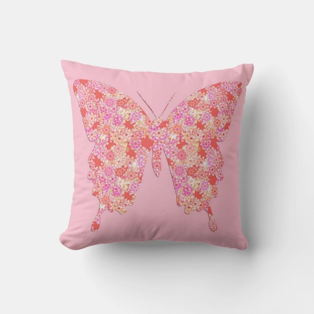 Butterfly in flower pattern - pink, orange cushion (Front)
