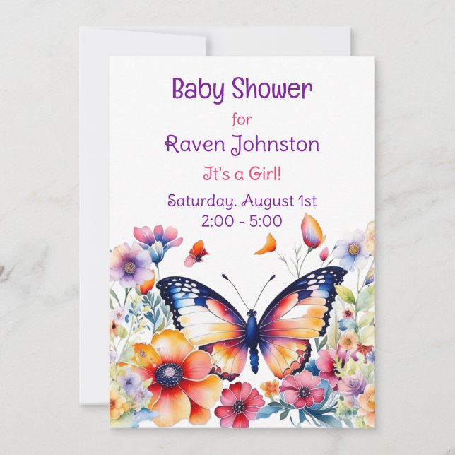 Butterfly in Flowers Girl's Baby Shower Invitation (Front)