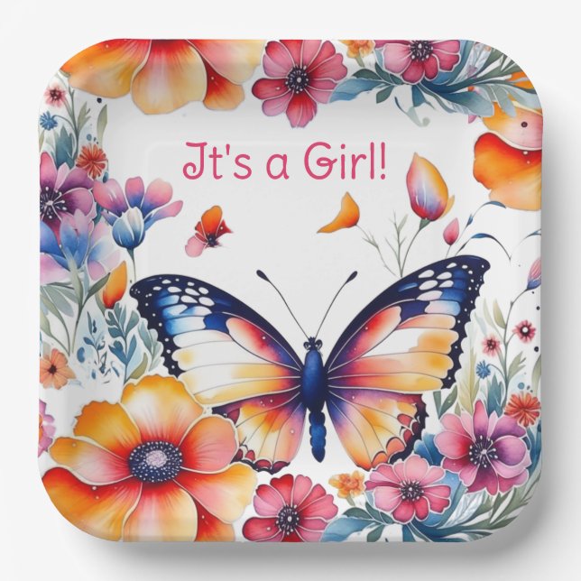 Butterfly in Flowers Girl's Baby Shower Paper Plate (Front)