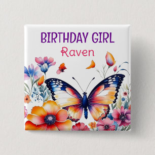 Butterfly in Flowers Girl's Birthday Girl  15 Cm Square Badge