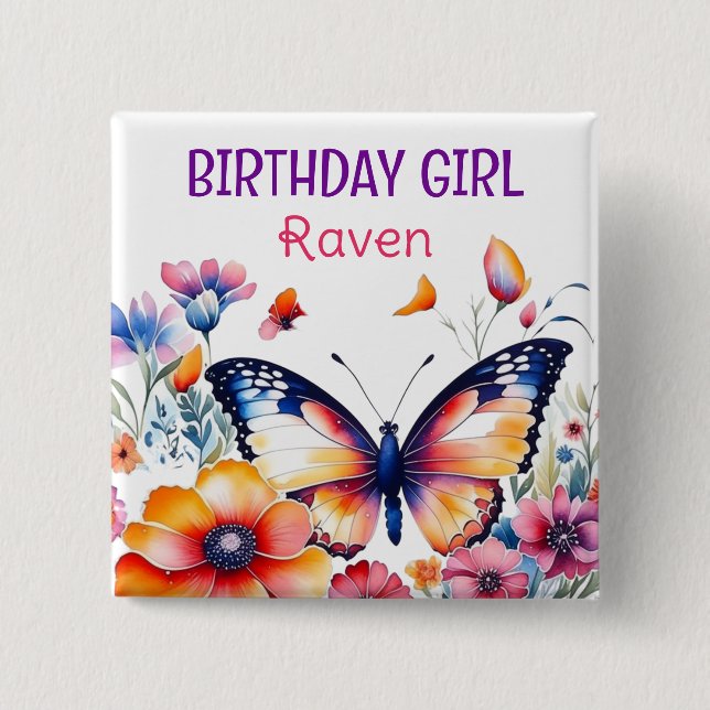 Butterfly in Flowers Girl's Birthday Girl  15 Cm Square Badge (Front)