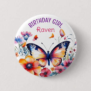 Butterfly in Flowers Girl's Birthday Girl  6 Cm Round Badge