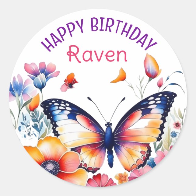 Butterfly in Flowers Girl's Birthday Party  Classic Round Sticker (Front)