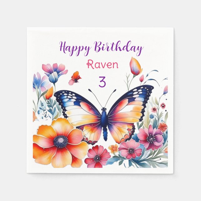 Butterfly in Flowers Girl's Birthday Party  Napkin (Front)