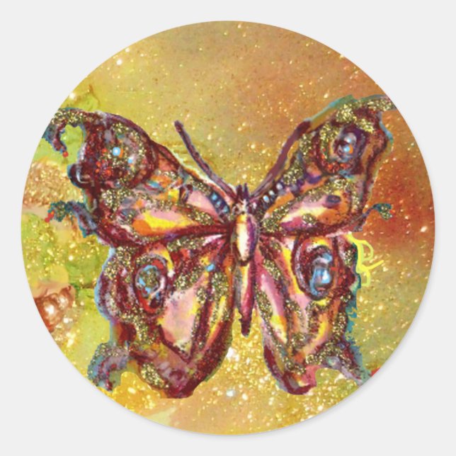 BUTTERFLY IN GOLD SPARKLES CLASSIC ROUND STICKER (Front)