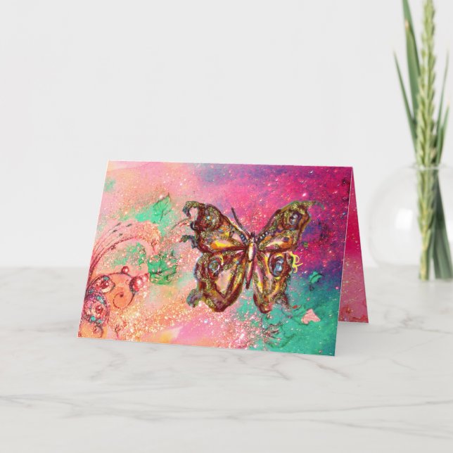 BUTTERFLY IN  GOLD SPARKLES ,Pink Green Teal Card (Front)