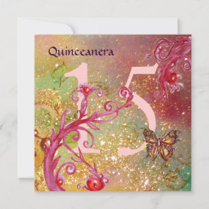 BUTTERFLY IN GOLD SPARKLES Quinceanera Birthday Invitation