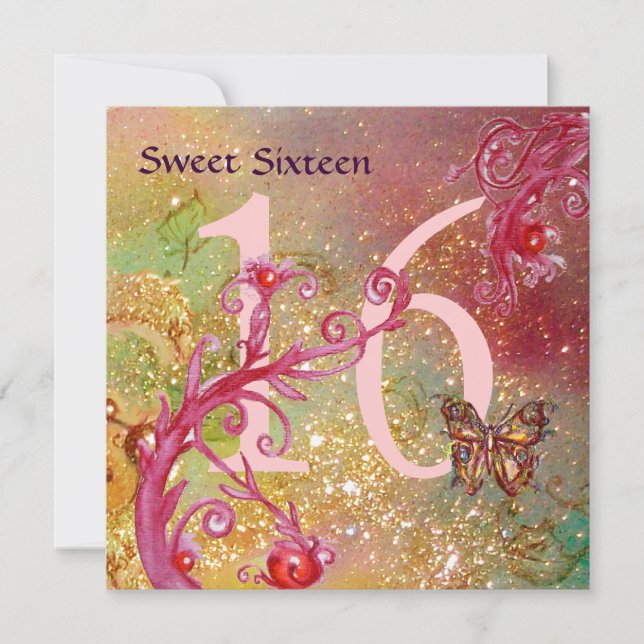 BUTTERFLY IN GOLD SPARKLES SWEET16 Birthday Party Invitation (Front)