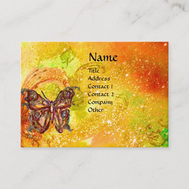 BUTTERFLY IN GOLD YELLOW GREEN RED BROWN SPARKLES BUSINESS CARD (Front)