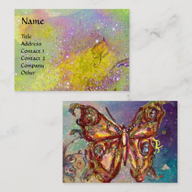 BUTTERFLY IN GOLD YELLOW PURPLE GREEN SPARKLES BUSINESS CARD (Front/Back)