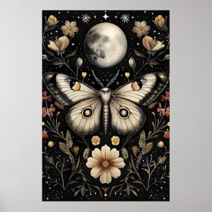 Butterfly In Moon Dark Flower Garden, Moody Moth Poster