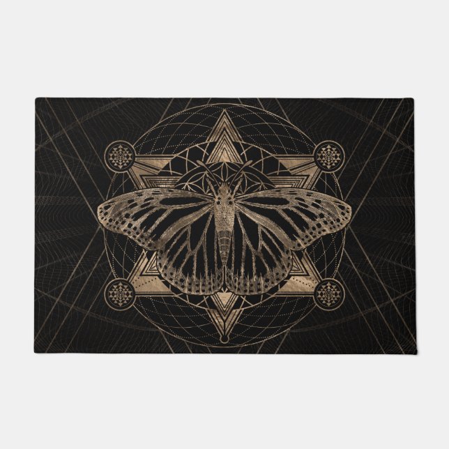 Butterfly in Sacred Geometry - Black and Gold Doormat (Front)