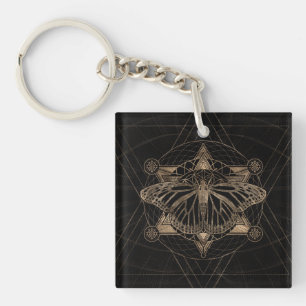 Butterfly in Sacred Geometry - Black and Gold Key Ring