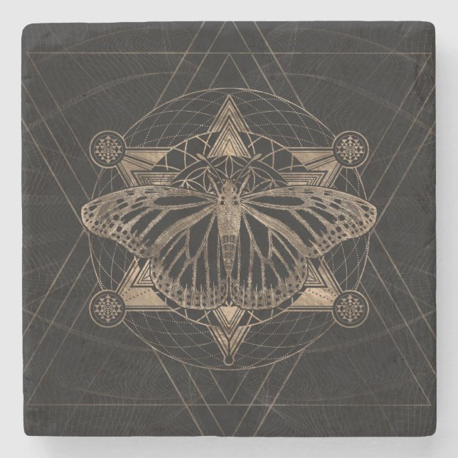 Butterfly in Sacred Geometry - Black and Gold Stone Coaster (Front)