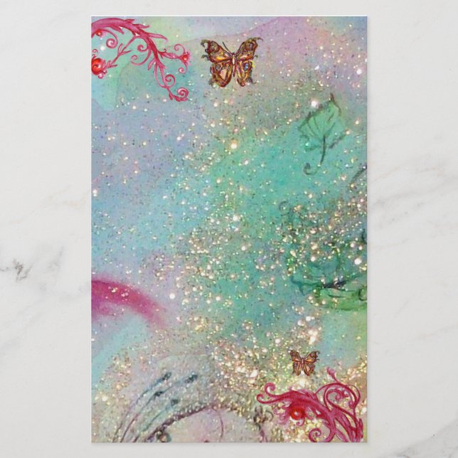 BUTTERFLY IN SPARKLES 2, blue red pink Stationery (Front)