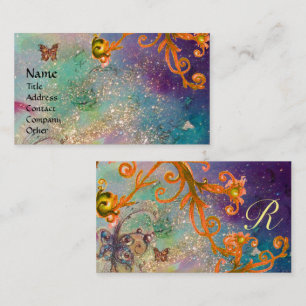 BUTTERFLY IN SPARKLES, BLUE YELLOW SWIRLS MONOGRAM BUSINESS CARD