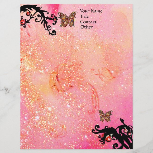 BUTTERFLY IN SPARKLES ,Pink Black Swirls Customized Letterhead (Front)