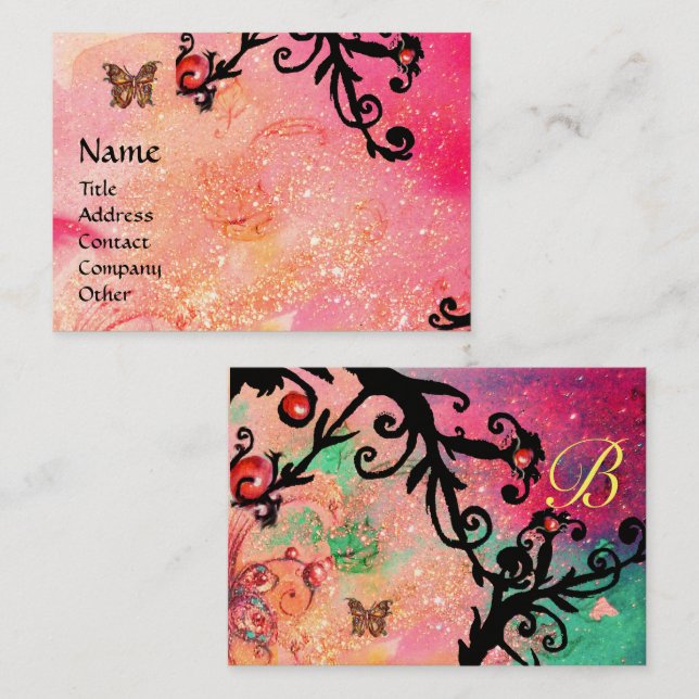 BUTTERFLY IN SPARKLES, PINK,BLACK SWIRLS MONOGRAM BUSINESS CARD (Front/Back)