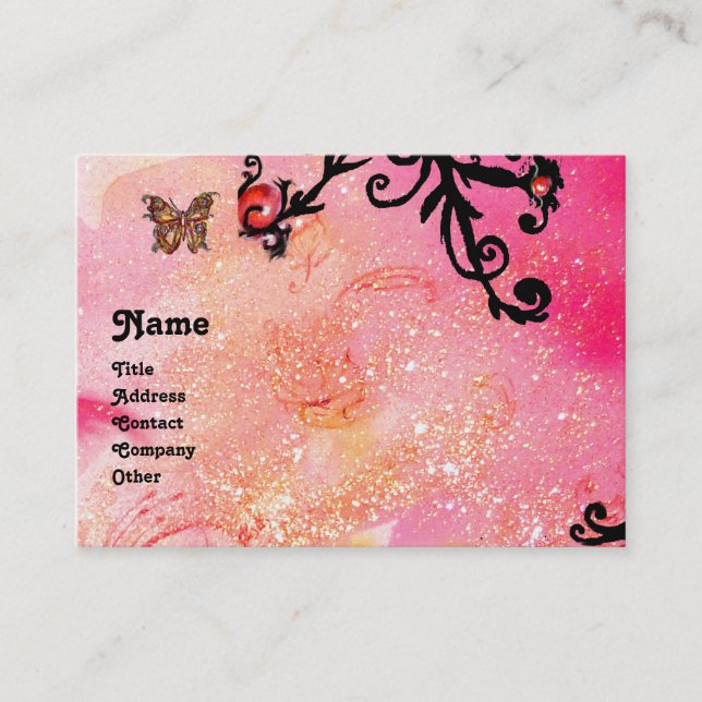 BUTTERFLY IN SPARKLES, PINK,BLACK SWIRLS MONOGRAM BUSINESS CARD (Front)