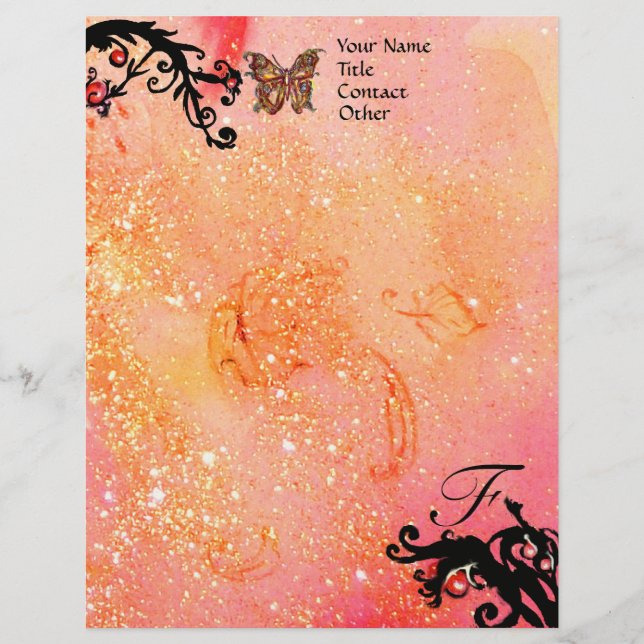 BUTTERFLY IN SPARKLES ,Pink Black Swirls Monogram Letterhead Design (Front)