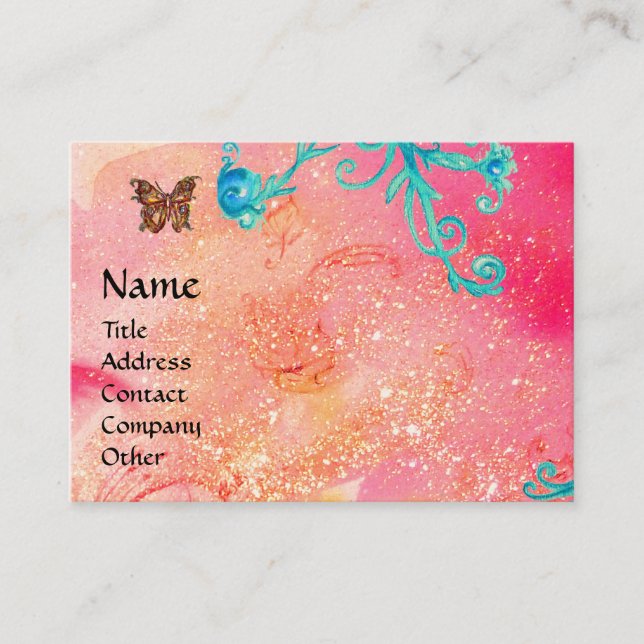 BUTTERFLY IN SPARKLES, PINK, BLUE SWIRLS MONOGRAM BUSINESS CARD (Front)