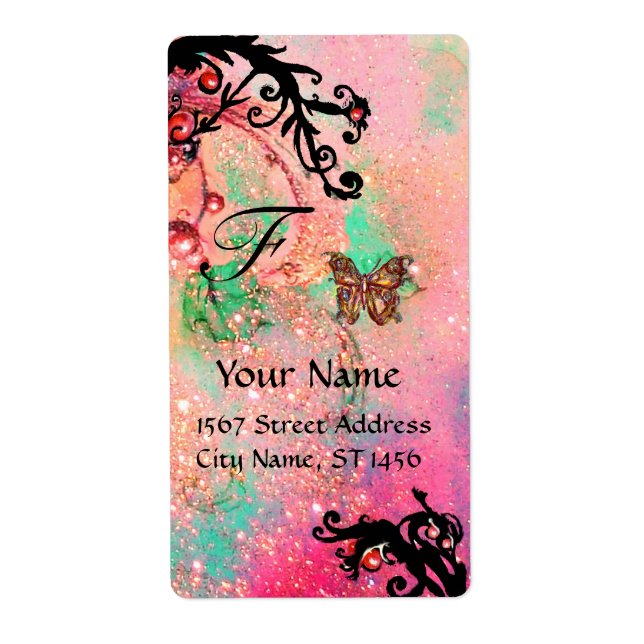 BUTTERFLY IN SPARKLES , pink green black swirls (Front)