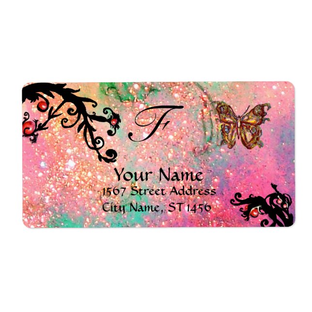 BUTTERFLY IN SPARKLES , pink green black swirls (Front)
