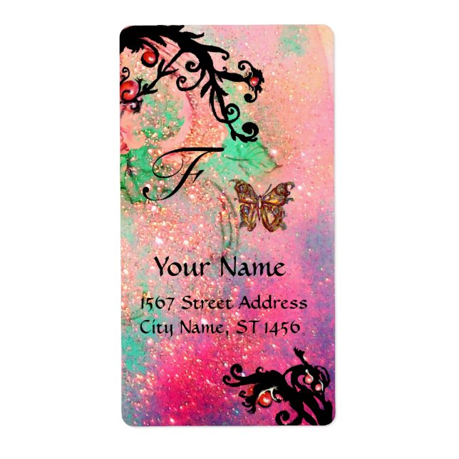 BUTTERFLY IN SPARKLES , pink green black swirls (Front)