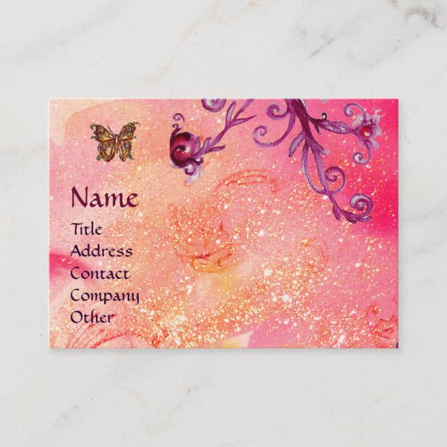 BUTTERFLY IN SPARKLES, PINK,PURPLE SWIRLS MONOGRAM BUSINESS CARD (Front)