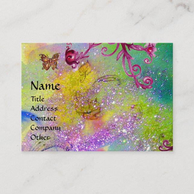 BUTTERFLY IN SPARKLES, PINK PURPLE SWIRLS MONOGRAM BUSINESS CARD (Front)