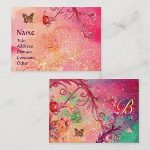 BUTTERFLY IN SPARKLES, PINK,RED SWIRLS MONOGRAM BUSINESS CARD
