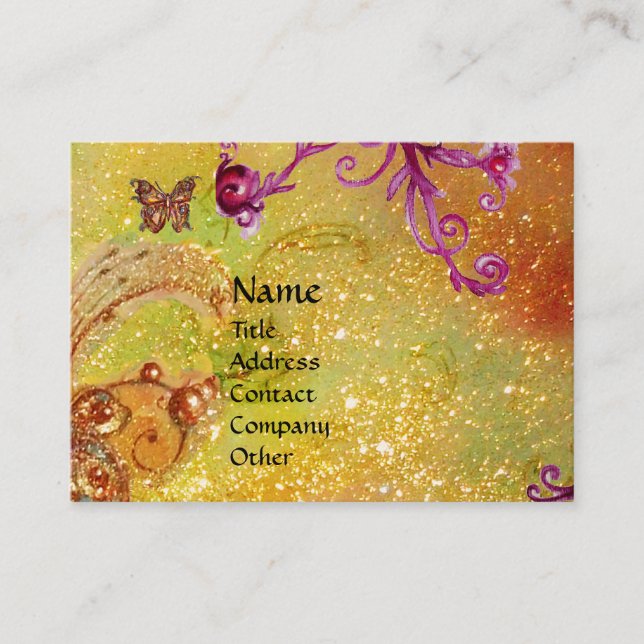 BUTTERFLY IN SPARKLES,PINK YELLOW SWIRLS MONOGRAM BUSINESS CARD (Front)