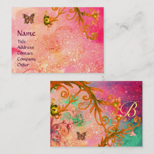 BUTTERFLY IN SPARKLES, PINK,YELLOW SWIRLS MONOGRAM BUSINESS CARD