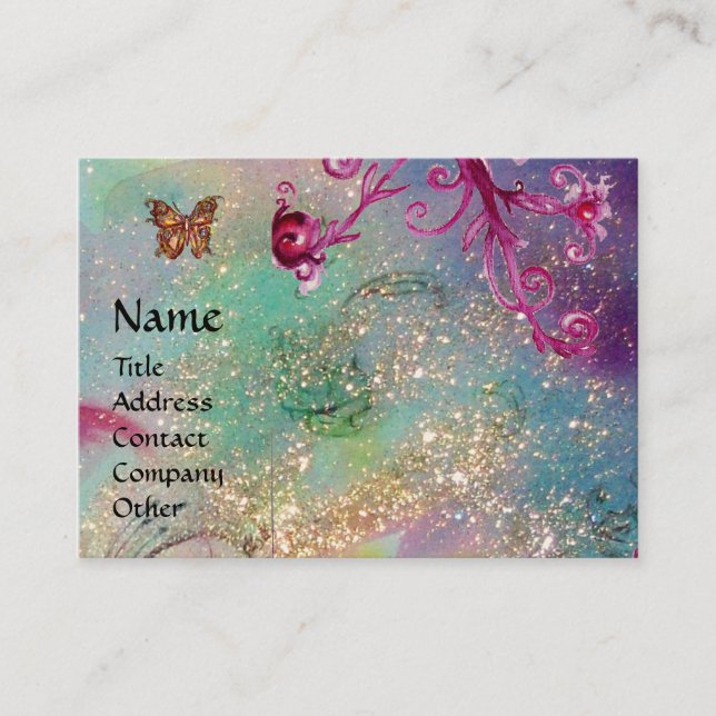 BUTTERFLY IN SPARKLES,TEAL PINK SWIRLS MONOGRAM BUSINESS CARD (Front)