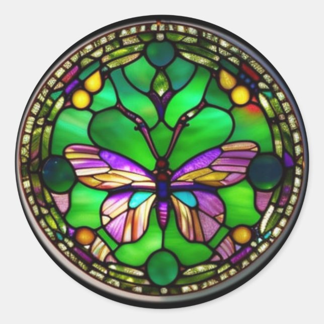 Butterfly in Tiffany-style Stained Glass Design Classic Round Sticker (Front)