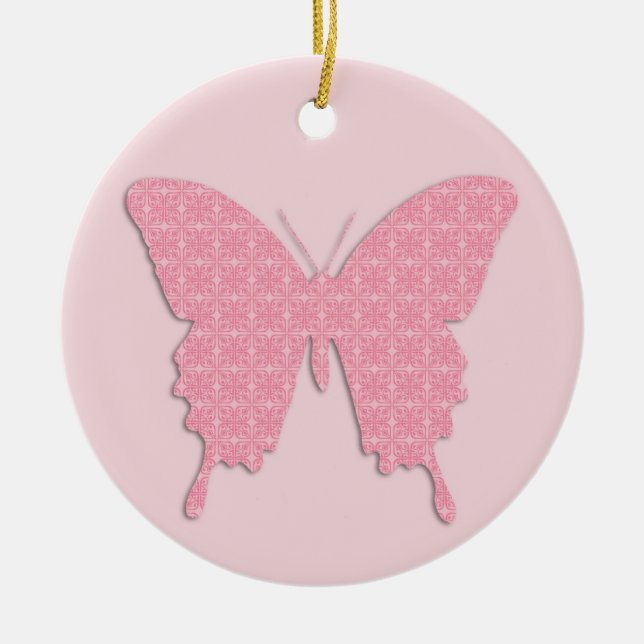 Butterfly in wallpaper print - light pink ceramic tree decoration (Front)