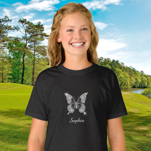Butterfly in White Diamonds, Script Name, Black T-Shirt
