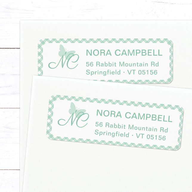 Butterfly Initials Mint Gingham Return Address (Elegant butterfly monogram return address label in mint green with plaid background.)