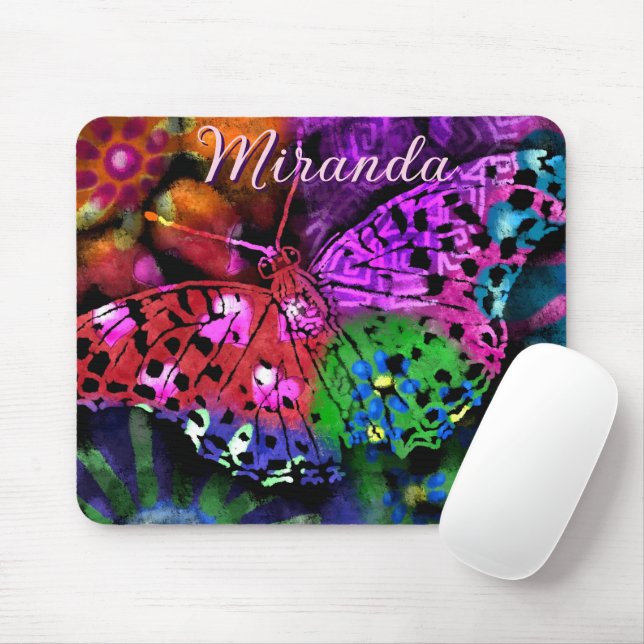 Butterfly Insect Abstract Purple Green Pink Orange Mouse Mat (With Mouse)