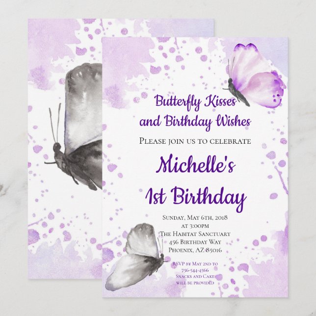 Butterfly Invitation, First 1st Birthday, Purple Invitation (Front/Back)