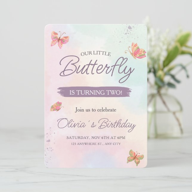 Butterfly Invitation, Pastel Butterflies birthday Invitation (Standing Front)