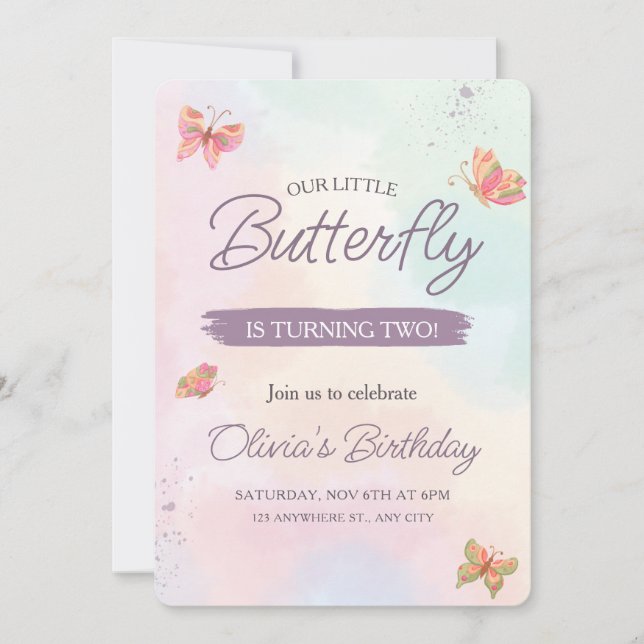 Butterfly Invitation, Pastel Butterflies birthday Invitation (Front)