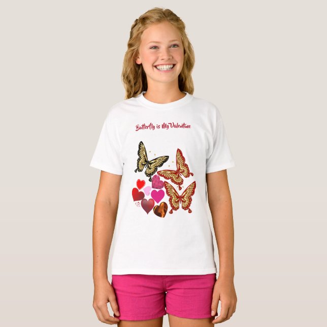 Butterfly is My Valentine Sweeping Heart Cute Girl T-Shirt (Front Full)